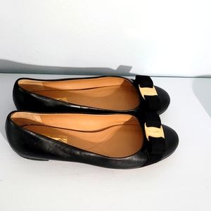 Salvetore Ferragamo Black Leather Bow Flats